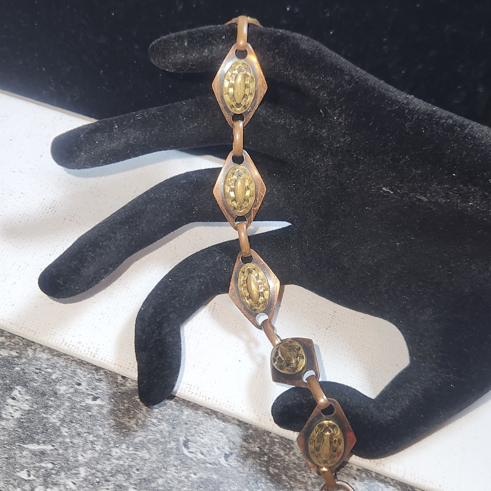 Vintage Copper Diamond Link Bracelet Textured Gold Tone Oval Accents Boho Retro - Picture 4 of 9